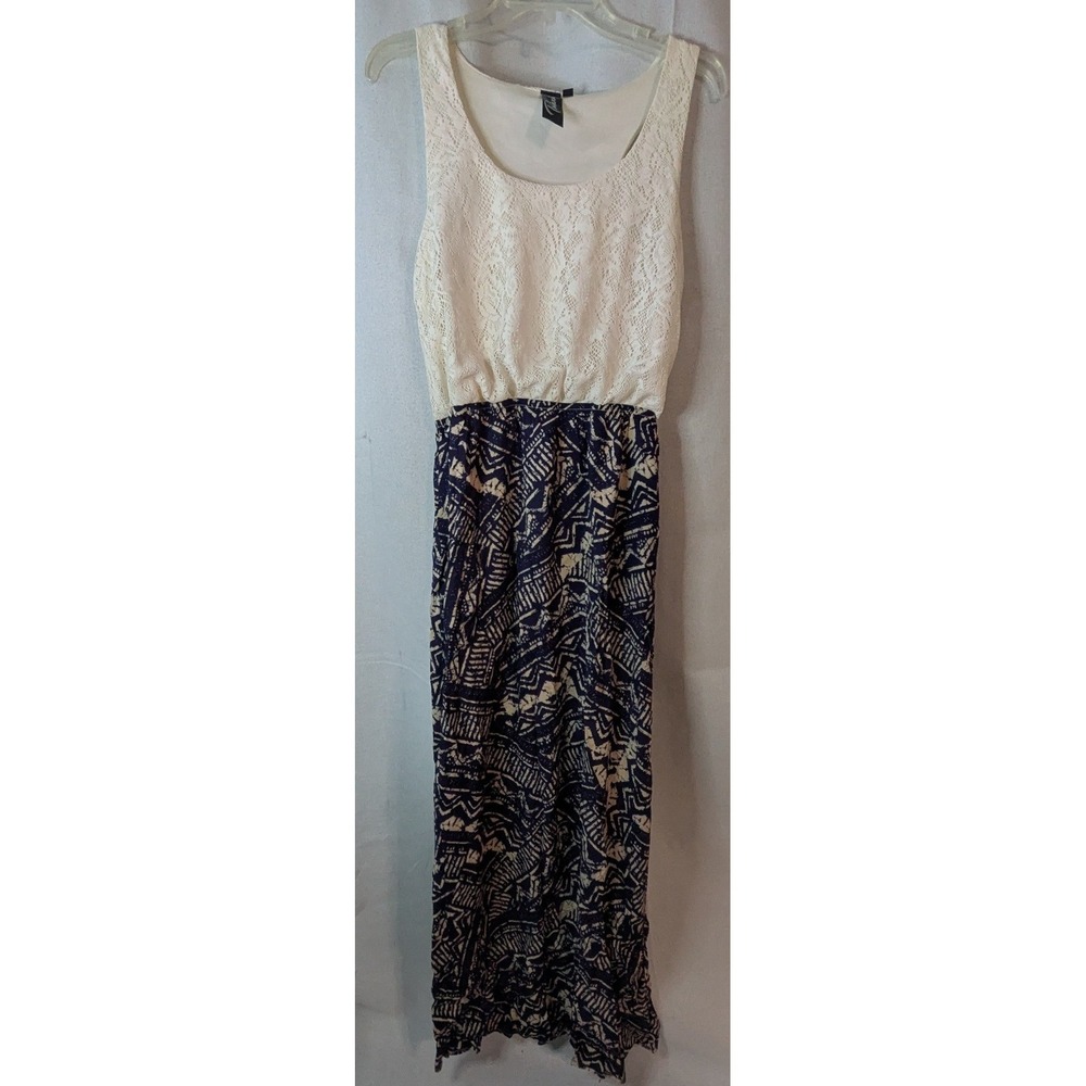 Trixxi Maxi Dress Women XL Ivory Navy Blue Boho Geometric E4E04964KI